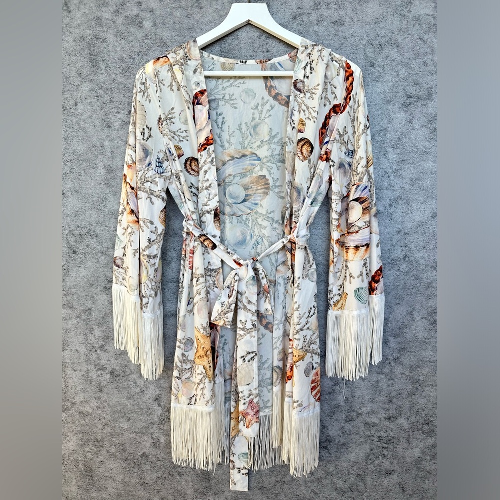 COPY - Empire Of Summer Beach Cover-Up with Seashell Print and Fringe Size S-M